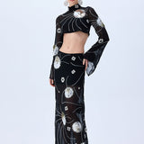 Black Sequined Chiffon Maxi Skirt With Patent Flowers