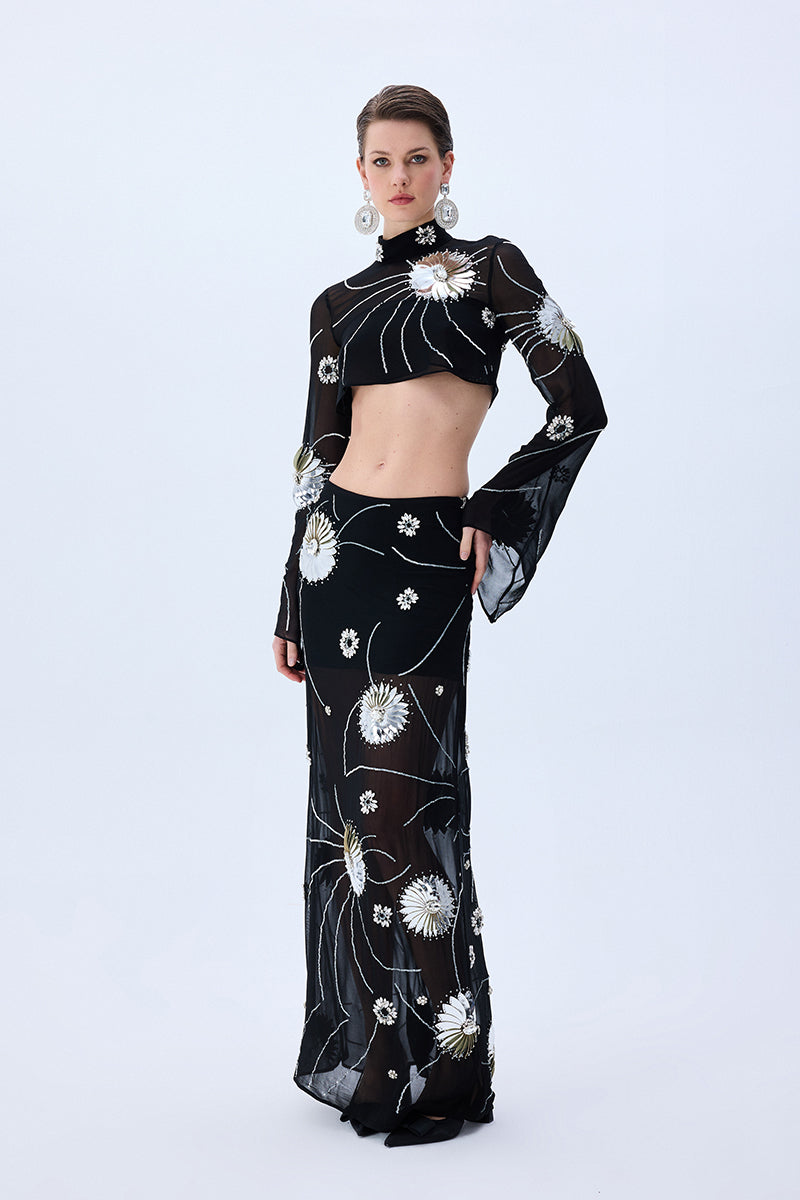 FW25-T-1010-Black-36 raisa_vanessa black-sequined-chiffon-top-with-patent-flowers-and-flare-sleeves