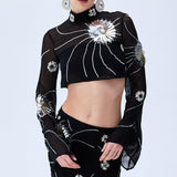 Black Sequined Chiffon Maxi Skirt With Patent Flowers