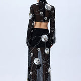 Black Sequined Chiffon Maxi Skirt With Patent Flowers
