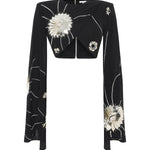Black Sequined Jersey Top With Patent Flowers And Flare Sleeves