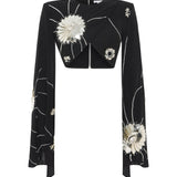 Black Sequined Jersey Top With Patent Flowers And Flare Sleeves