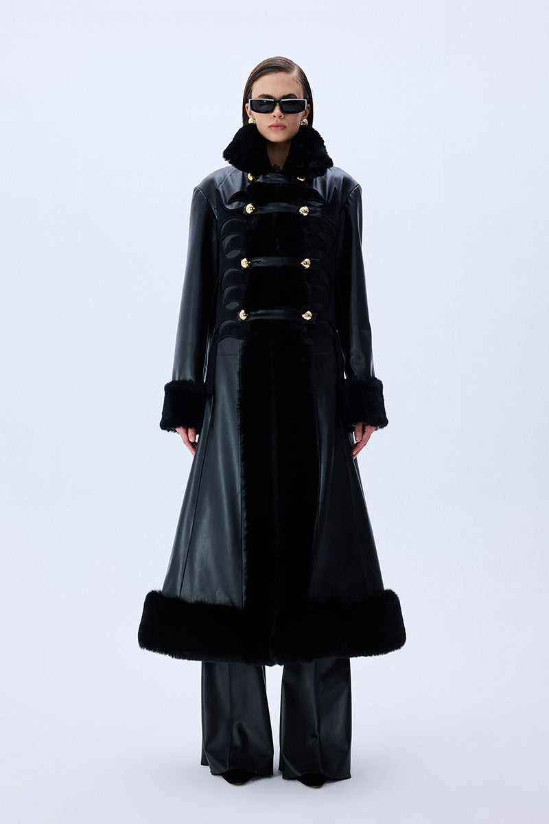 Black Leather Coat With Fur Finishing And Black Velvet Embroidery