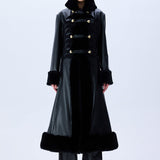 Black Leather Coat With Fur Finishing And Black Velvet Embroidery
