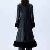 Black Leather Coat With Fur Finishing And Black Velvet Embroidery