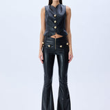 Black Leather Stretchy Flare Pants With Gold Buttons