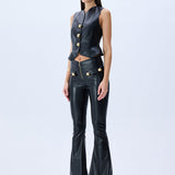 Black Leather Stretchy Flare Pants With Gold Buttons