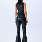 Black Leather Stretchy Flare Pants With Gold Buttons