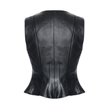 Black Leather Stretchy Vest With Gold Buttons