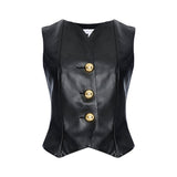Black Leather Stretchy Vest With Gold Buttons