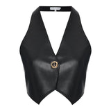 Black Leather Backless Vest With Rv Stamped Buttons