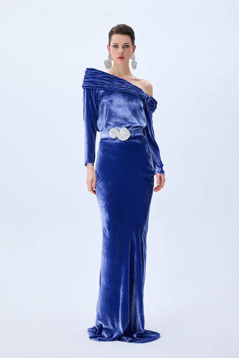 Indigo Velvet One Shouldered Structural Top