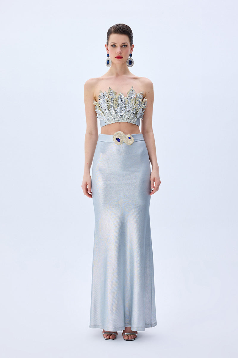 Metallic Knitted Strapless Corset With Patent Feathers