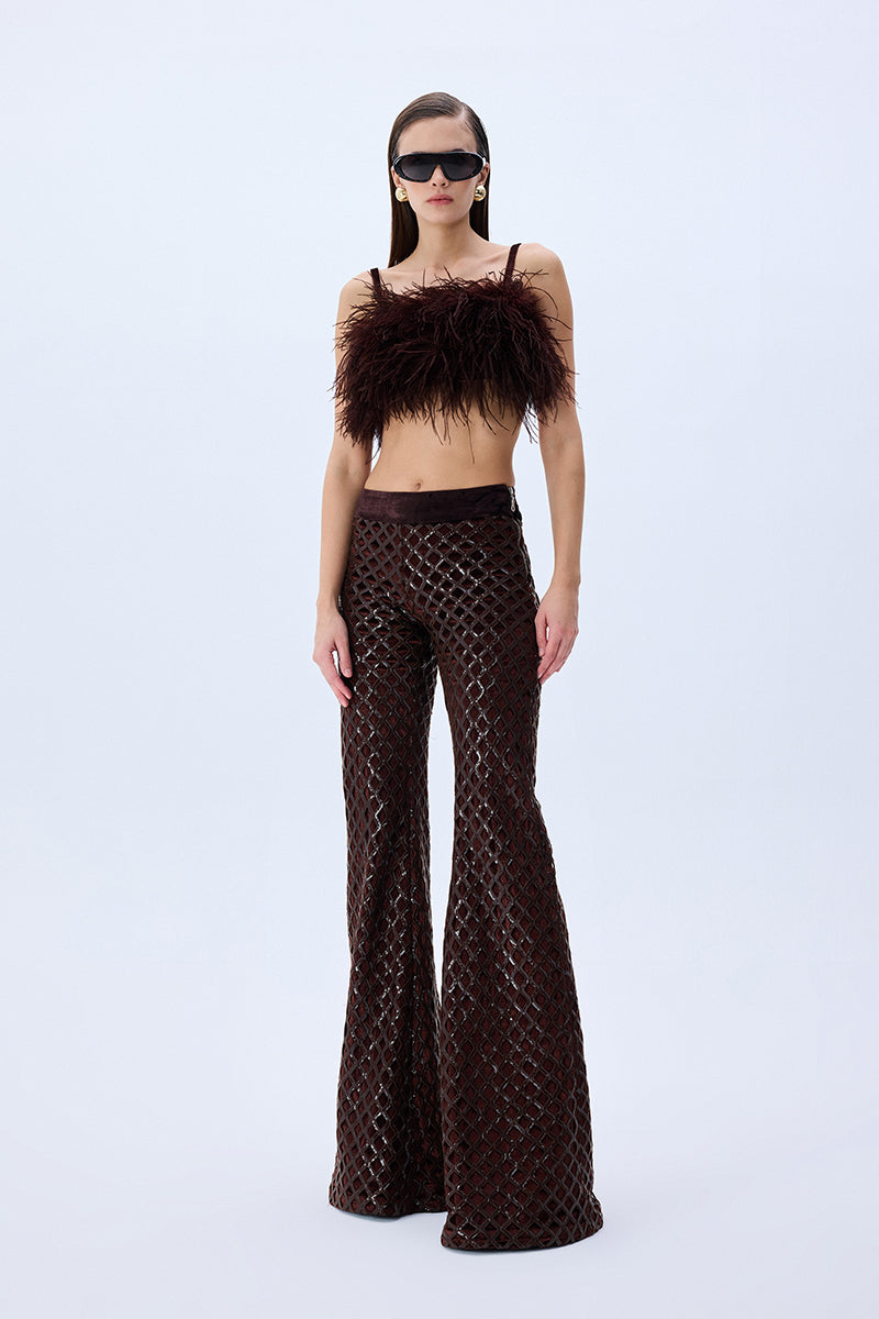 Brown Sequined Net Flare Pants With Velvet Lining