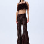 Brown Sequined Net Flare Pants With Velvet Lining