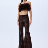 Brown Sequined Net Flare Pants With Velvet Lining