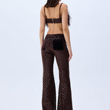 Brown Sequined Net Flare Pants With Velvet Lining