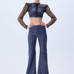Brown Sequined Net Flare Denim Pants