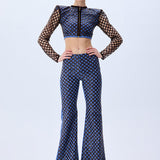 Brown Sequined Net Jacket With Denim Lining And Gold Zipper