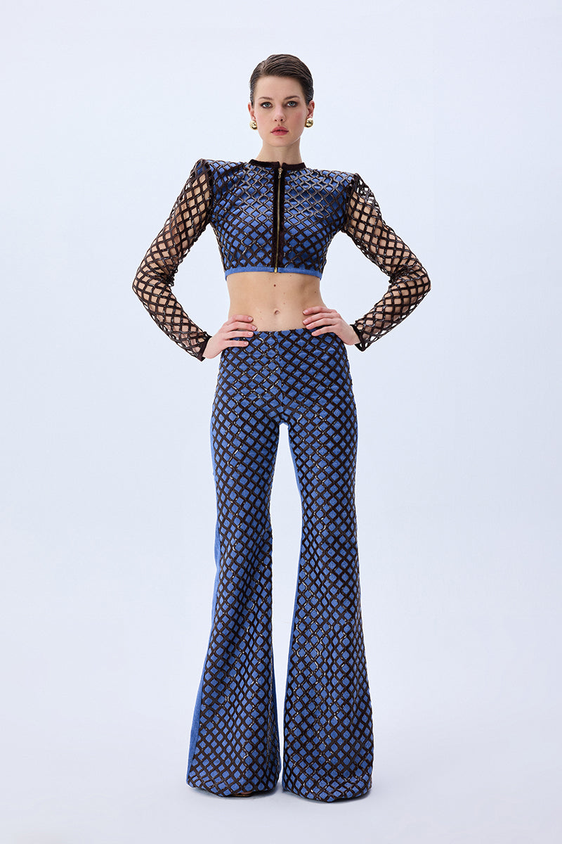 Brown Sequined Net Jacket With Denim Lining And Gold Zipper