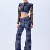 Brown Sequined Net Flare Denim Pants