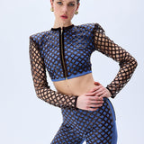 Brown Sequined Net Jacket With Denim Lining And Gold Zipper