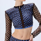 Brown Sequined Net Jacket With Denim Lining And Gold Zipper