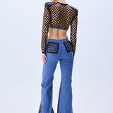 Brown Sequined Net Flare Denim Pants