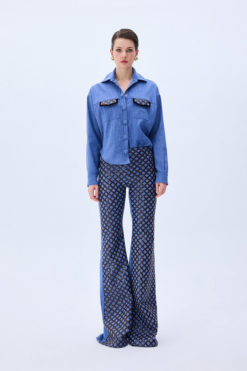 Denim Shirt With Brown Sequined Net Pockets