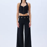 Denim Stretchy Wide Leg Pants With Rv Stamped Button Detailed Belt