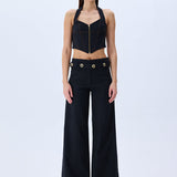 Denim Stretchy Wide Leg Pants With Rv Stamped Button Detailed Belt