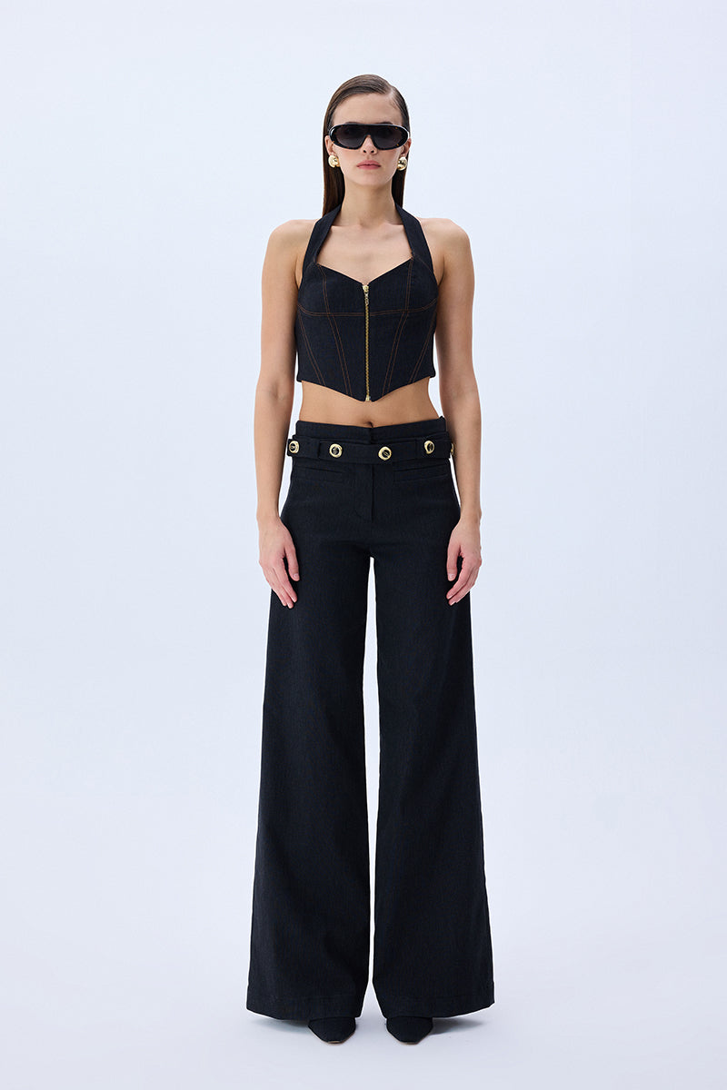 Denim Stretchy Top With Metal Zip Detail