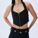 Denim Stretchy Top With Metal Zip Detail