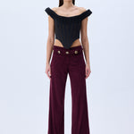 Burgundy Suede Wide Leg Pants With Rv Stamped Button Detailed Belt