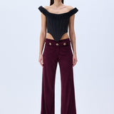 Burgundy Suede Wide Leg Pants With Rv Stamped Button Detailed Belt