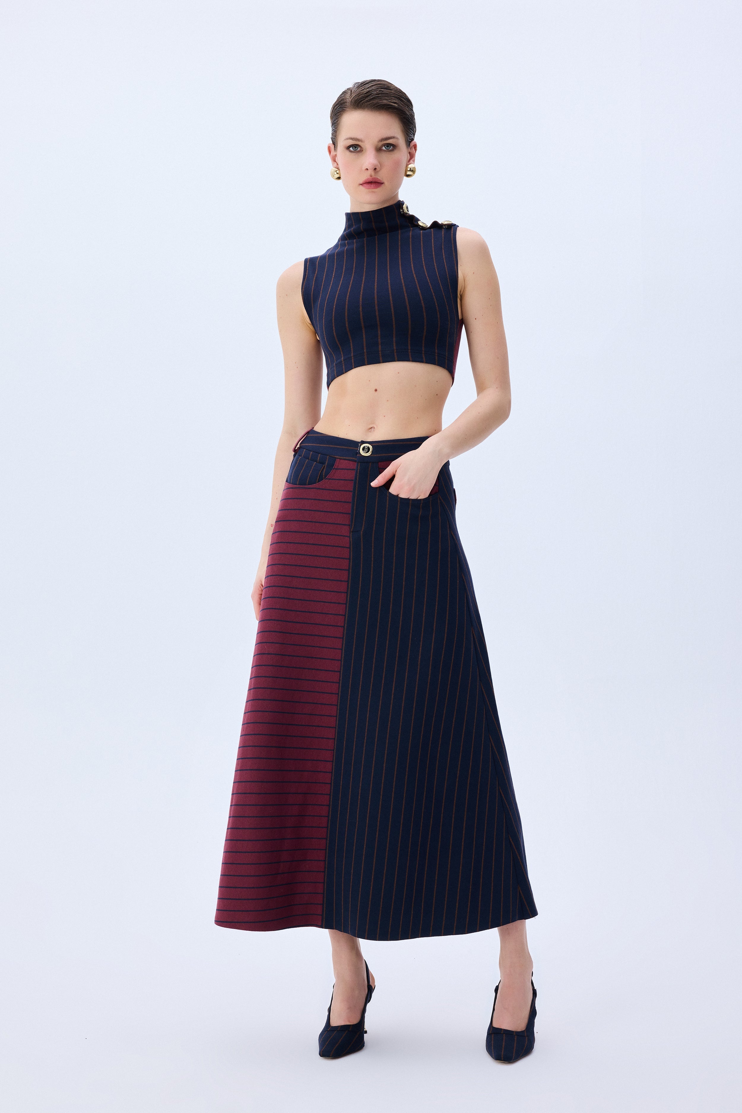 Navy Burgundy Knitted Stretchy Skirt
