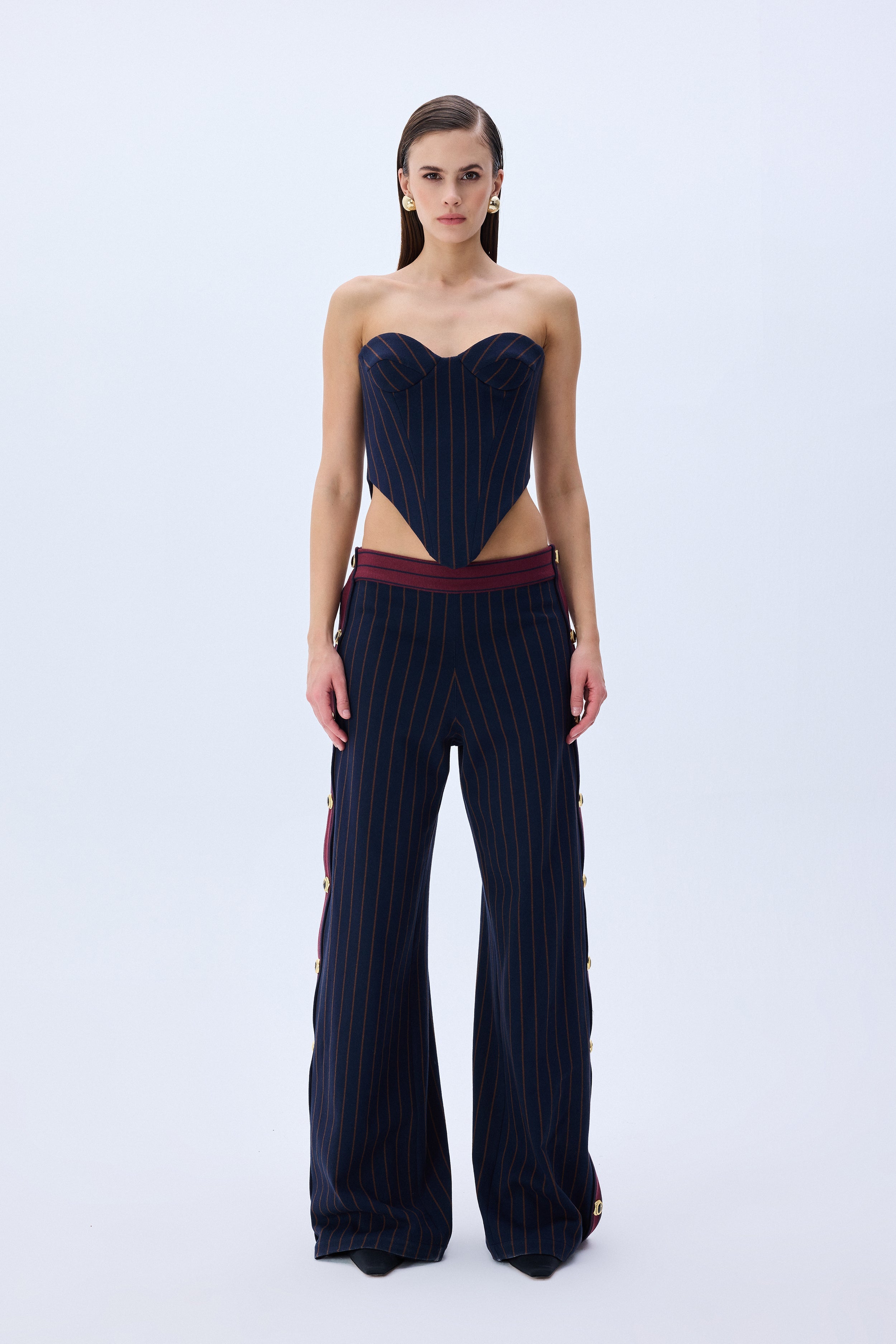Navy Stretchy Wide Leg Pants With Rv Stamped Buttons