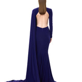 Sapphire Jersey Dress With One-Shouldered Cape Detail And Gold Metallic Button