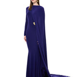 Sapphire Jersey Dress With One-Shouldered Cape Detail And Gold Metallic Button