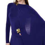Sapphire Jersey Dress With One-Shouldered Cape Detail And Gold Metallic Button