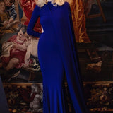 Sapphire Jersey Dress With One-Shouldered Cape Detail And Gold Metallic Button