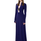Navy Jersey Maxi Dress With Gold Metallic Button