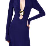 Navy Jersey Maxi Dress With Gold Metallic Button