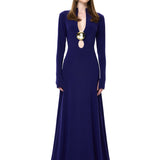 Navy Jersey Maxi Dress With Gold Metallic Button
