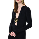 Black Jersey Mini Dress With Gold Metallic Button
