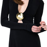 Black Jersey Mini Dress With Gold Metallic Button