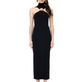 Black Jersey Halter Neck Midi Dress With Gold Metallic Button