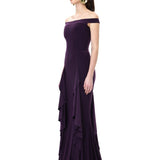 Plum Jersey Off Shoulder Dress With Ruffled Godet Details