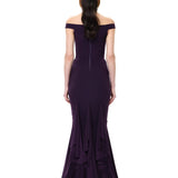 Plum Jersey Off Shoulder Dress With Ruffled Godet Details