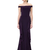 Plum Jersey Off Shoulder Dress With Ruffled Godet Details